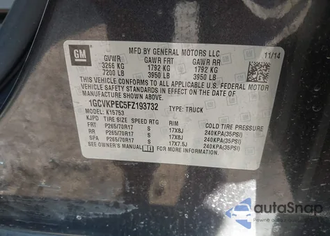 2015 Chevrolet Silverado 1500 Ls из США, поврежденный, VIN 1GCVKPEC5FZ193732